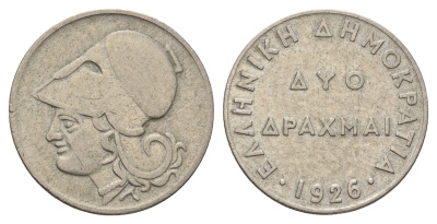 Греция 2 драхмы 1926 Афина в коринфском шлеме, год-тип KM 70 медно-никель 4670-123