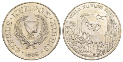 Кипр 1 фунт 1986 25 лет Всемирному фонду дикой природы KM 59 медно-никель BU 1521-1434