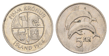 Исландия 5 крон 1984 дельфины KM 28 медно-никель 4591-1054