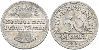 ГЕРМАНИЯ 50 ПФЕННИГОВ 1921 F KM 27, J. 301 алюминий 4539-744