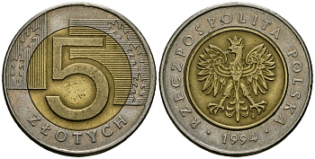 Польша 5 злотых 1994 MW KM 284 биметалл 4138-457