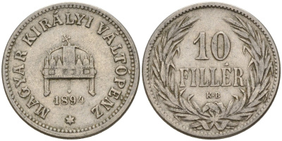 Венгрия 10 филлеров 1894 KB, Франц Иосиф I (1848-1916) KM 482 никель 4151-1051