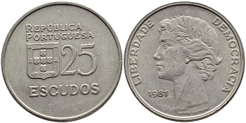 ПОРТУГАЛИЯ 25 ЭСКУДО 1981 KM 607а медно-никель 4394-745