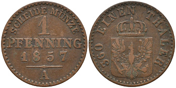Пруссия 1 пфенниг 1857 A, Фридрих Вильгельм IV (1840-1861) KM 451 медь 4532-268