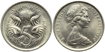 АВСТРАЛИЯ 5 ЦЕНТОВ 1980 ЕЛИЗАВЕТА II, МОЛОДОЙ ПОРТРЕТ, ЕХИДНА KM 64 медно-никель UNC 4392-1331