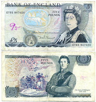 АНГЛИЯ 5 ФУНТОВ 1984-1986 ПОДПИСЬ H.D.F. SOMERSET, БУКВА L Pick 378c бумага 7218-30-1