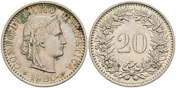 Швейцария 20 раппенов 1980 KM 29а медно-никель 4364-1432