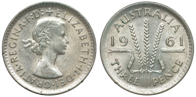 Австралия 3 пенса 1961 m, Елизавета II (1952-2022) KM 57 серебро 71-713