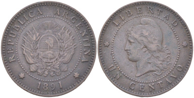 Аргентина 1 сентаво 1891 KM 32 бронза 4622-121