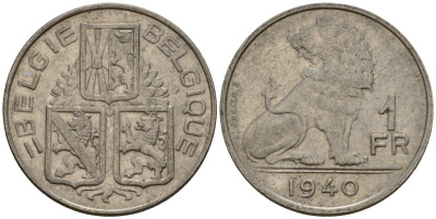 Бельгия 1 франк 1940 Belgie - Belgique KM 120 никель 217-852