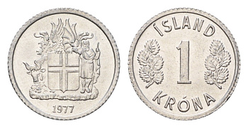 Исландия 1 крона 1977 KM 23 алюминий UNC 4687-813