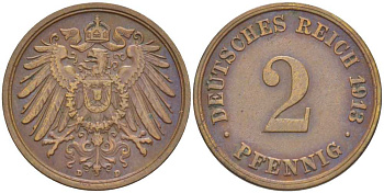 Германия 2 пфеннига 1913 D KM 16, J. 11, Weege 4 медь 206-636
