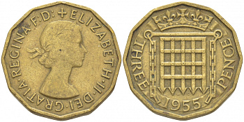 Великобритания 3 пенса 1955 Елизавета II (1952-2022) KM 900, Spink 4153 никель латунь 212-1241