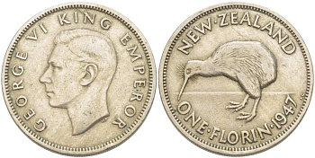 Новая Зеландия 1 флорин 1947 Георг VI (1937-1952), птичка киви KM 10.2а медно-никель 1517-1343