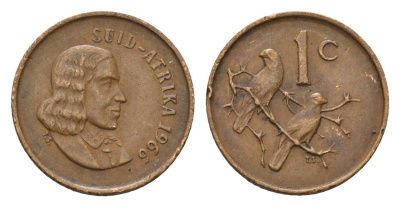 ЮАР 1 цент 1966 Ян ван Рибек (1619-1677), Suid Africa, легенда на африкаанс, капские воробьи KM 65.2 бронза 4690-1161