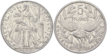 Французская Новая Каледония 5 франков 2008 птица кагу, (IEOM) KM 16, Schoen 12, Lec 81k алюминий 215-1222