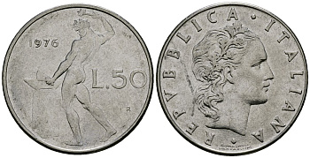 Италия 50 лир 1976 R, бог огня Вулкан у наковальни KM 95.1 нержавеющая сталь 4138-616