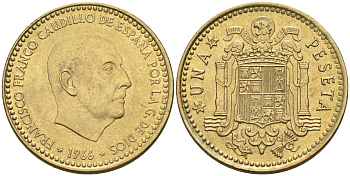 ИСПАНИЯ 1 ПЕСЕТА 1966 (72) ХУАН КАРЛОС I (1975-) KM 796 алюминиевая бронза 4126-834