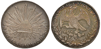 Мексика 8 реалов 1844 AM, монетный двор Pi (Сан-Луис-Потоси), красивая золотисто-голубая патина KM 377.12 серебро 00-00