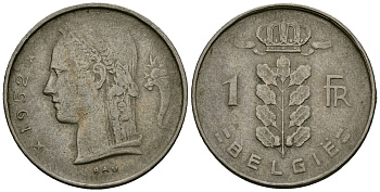 Бельгия 1 франк 1952 Belgie, Бодуэн I (1951-1993) KM 143.1 медно-никель 4172-534