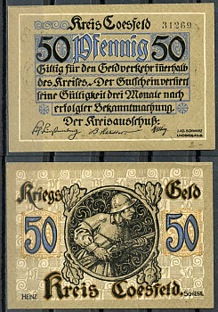 Германия, Косфельд 50 пфеннигов 1918 нотгельд, 5 цифр в номере Tieste 1185.05.02 бумага UNC (пресс) 444-81-1-1