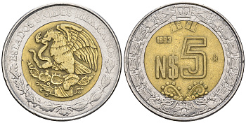 Мексика 5 новых песо 1993 Мо KM 552 биметалл 87-733