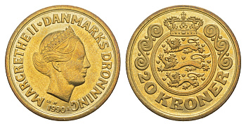 Дания 20 крон 1990 Маргрете II (1972-2024) KM 871 алюминиевая бронза UNC M69-03