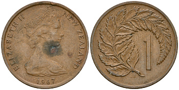 Новая Зеландия 1 цент 1967 Елизавета II (1952-2022), лист папоротника KM 31.1 бронза 4364-3663