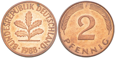 ФРГ 2 ПФЕННИГА 1988 F KM 106а, J. 381а сталь плакированная сталь плакированная медьюю 4181-853