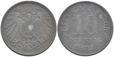 ГЕРМАНИЯ 10 ПФЕННИГОВ 1921 (1917-1922) KM 26, J. 299, Weege 8 цинк 210-234