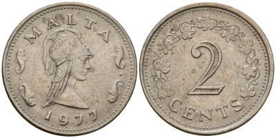 Мальта 2 цента 1977 Пентесилея, царица амазонок KM 9 медь цинк 4154-721