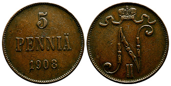 Россия для Финляндии 5 пенни 1908 Николай II (1894-1917) KM 15, Биткин 449 медь 4382-833