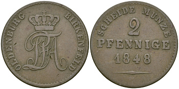 Ольденбург для Биркенфельда 2 пфеннига 1848 KM 7 медь 4044-542
