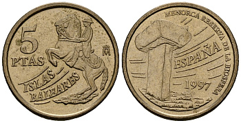 Испания 5 песет 1997 Хуан Карлос I (1975-2014), Балеарские острова, всадник KM 981 алюминиевая бронза 4173-713