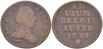 АВСТРИЙСКИЕ НИДЕРЛАНДЫ 1 ЛИАРД 1789 b, ИОСИФ II (1780-1790) МОНДВОР БРЕСЛАУ KM 30 медь 202-142