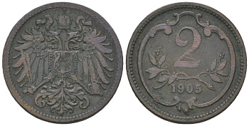 Австрия 2 геллера 1905 Франц Иосиф I (1848-1916) KM 2801 бронза 192-142