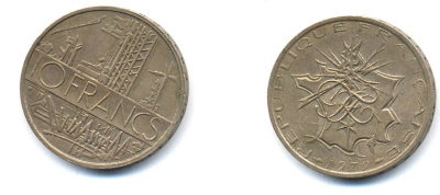 Франция 10 франков 1979 тип Матье KM 940, Le Franc 365.13-14 никель латунь 4379-647