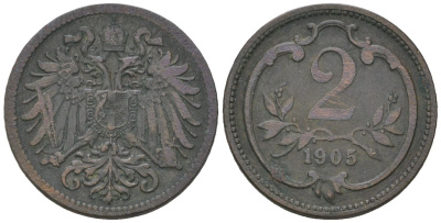 Австрия 2 геллера 1905 Франц Иосиф I (1848-1916) KM 2801 бронза 192-142