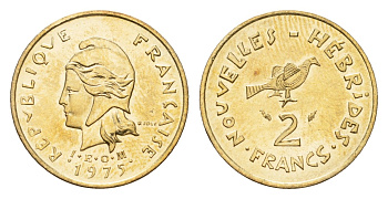 Новые Гебриды 2 франка 1975 KM 5.2 медь алюминий никель UNC 96-618