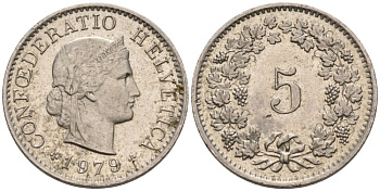 Швейцария 5 раппенов 1979 KM 26 медно-никель 75-1336