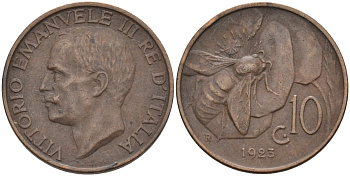 Италия 10 чентезимо 1923 R, пчела, Виктор Эммануил (1900-1946) KM 60 медь 4116-1247