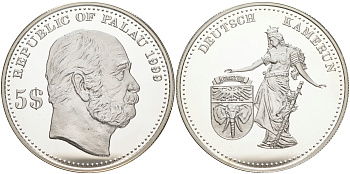 Палау 5 долларов 1999 немецкие колонии, Камерун KM 19 серебро PROOF 02-263-15