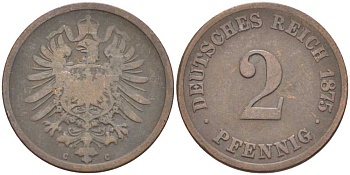 ГЕРМАНИЯ 2 ПФЕННИГА 1875 G, СТАРОГЕРБОВКА KM 2, J. 2 медь 175-241