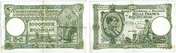 БЕЛЬГИЯ 1000 ФРАНКОВ = 200 БЕЛЬГА 1939 БРЮССЕЛЬ, 14 МАРТА 1939 Pick 110 бумага 7487-2-1