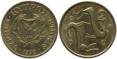 Кипр 2 цента 1990 KM 54.2 никель латунь 4158-257