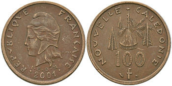 Французская Новая Каледония 100 франков 2001 хижина среди сосен и пальм, (IEOM) KM 15, Schoen 16, Lec 139e никель латунь 4144-714