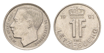 Люксембург 1 франк 1991 Герцог Жан (1964-1999) KM 63 сталь плакированная никелем 4658-314