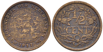 НИДЕРЛАНДЫ 1/2 ЦЕНТА 1917 ВИЛЬГЕЛЬМИНА (1890-1948) KM 138 бронза 39-214