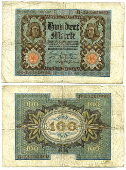 Германия 100 марок 1920 Бамбергский всадник, 8 цифр в номере Pick 69 b, Розенберг 69b бумага 3295-116-2-1