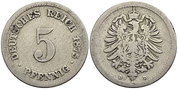 ГЕРМАНИЯ 5 ПФЕННИГОВ 1875 D, СТАРОГЕРБОВКА KM 3, Jager 3, Weege 5 медно-никель 4546-1033